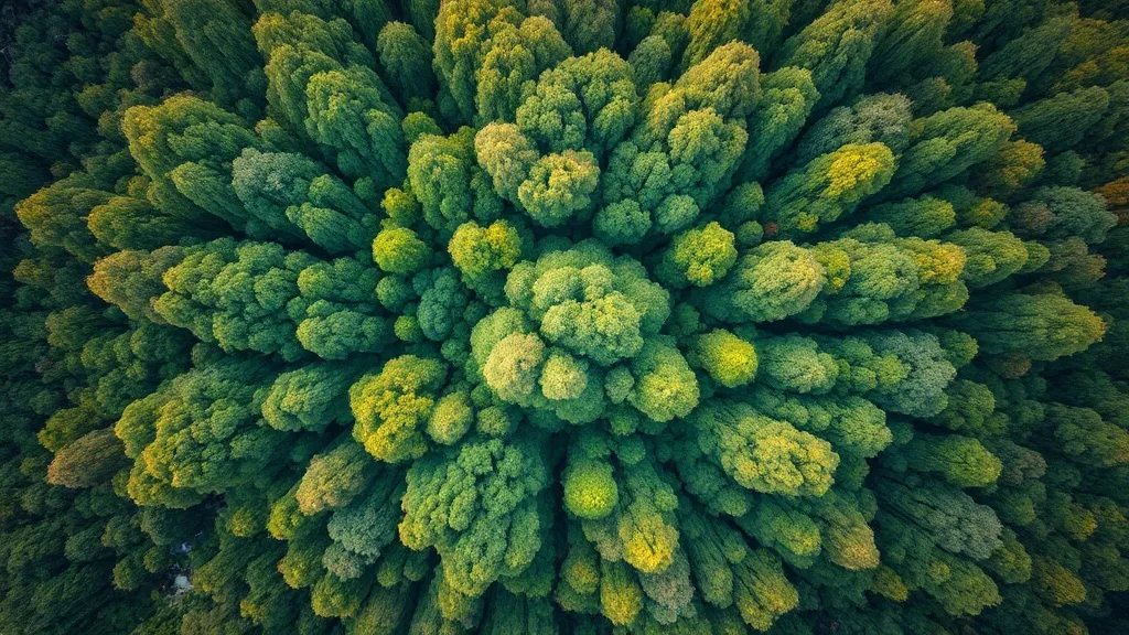 High-tech satellite view of a dense forest with digital data